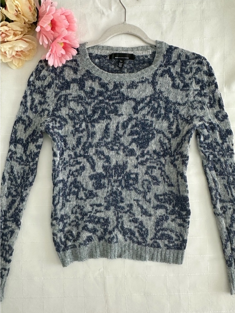 White House Black Market Gray and Navy Floral Crewneck Sweater Never Worn!